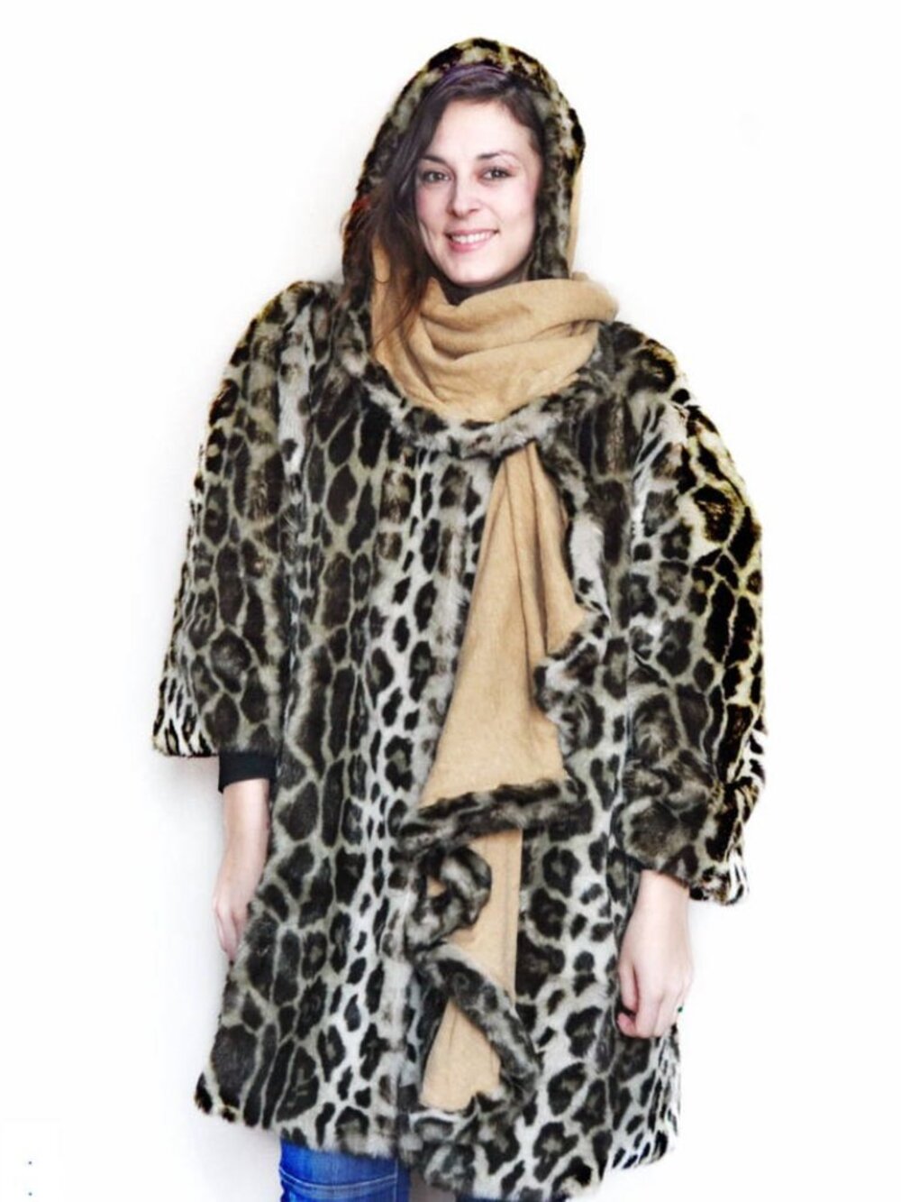 70s French Faux Leopard Stroller Swing Coat with Cashmere Shawl Wrap